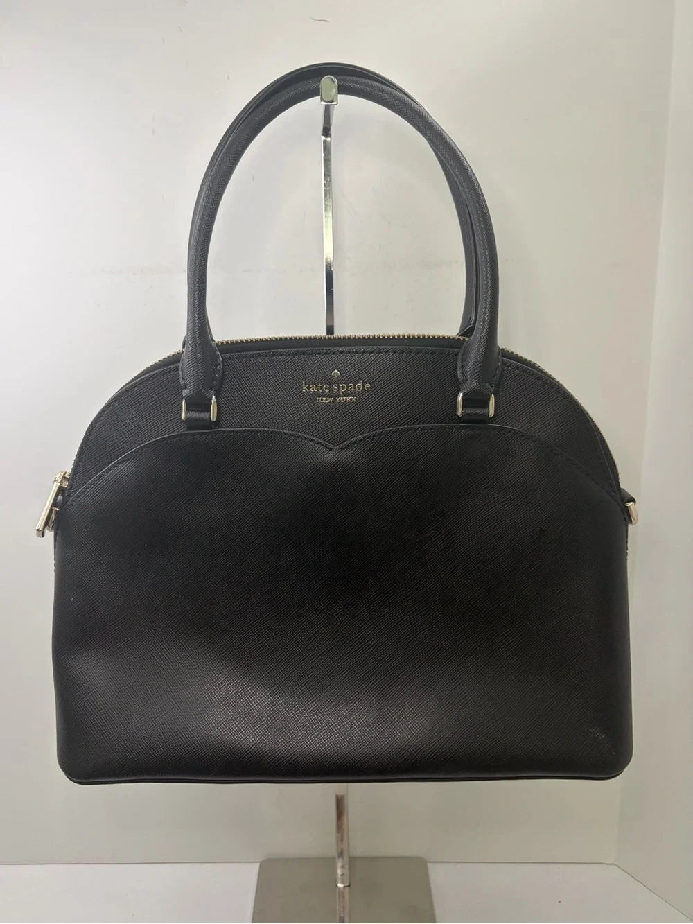 Kate Spade Payton Medium Dome Satchel Black Leather Zipper Top Handbag Purse